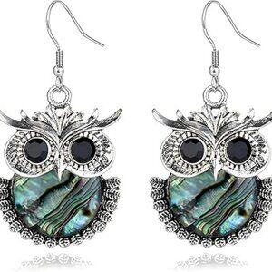 New Owl Earrings Black Onyx Earrings Boho Abalone Shell Earrings Animal Bird